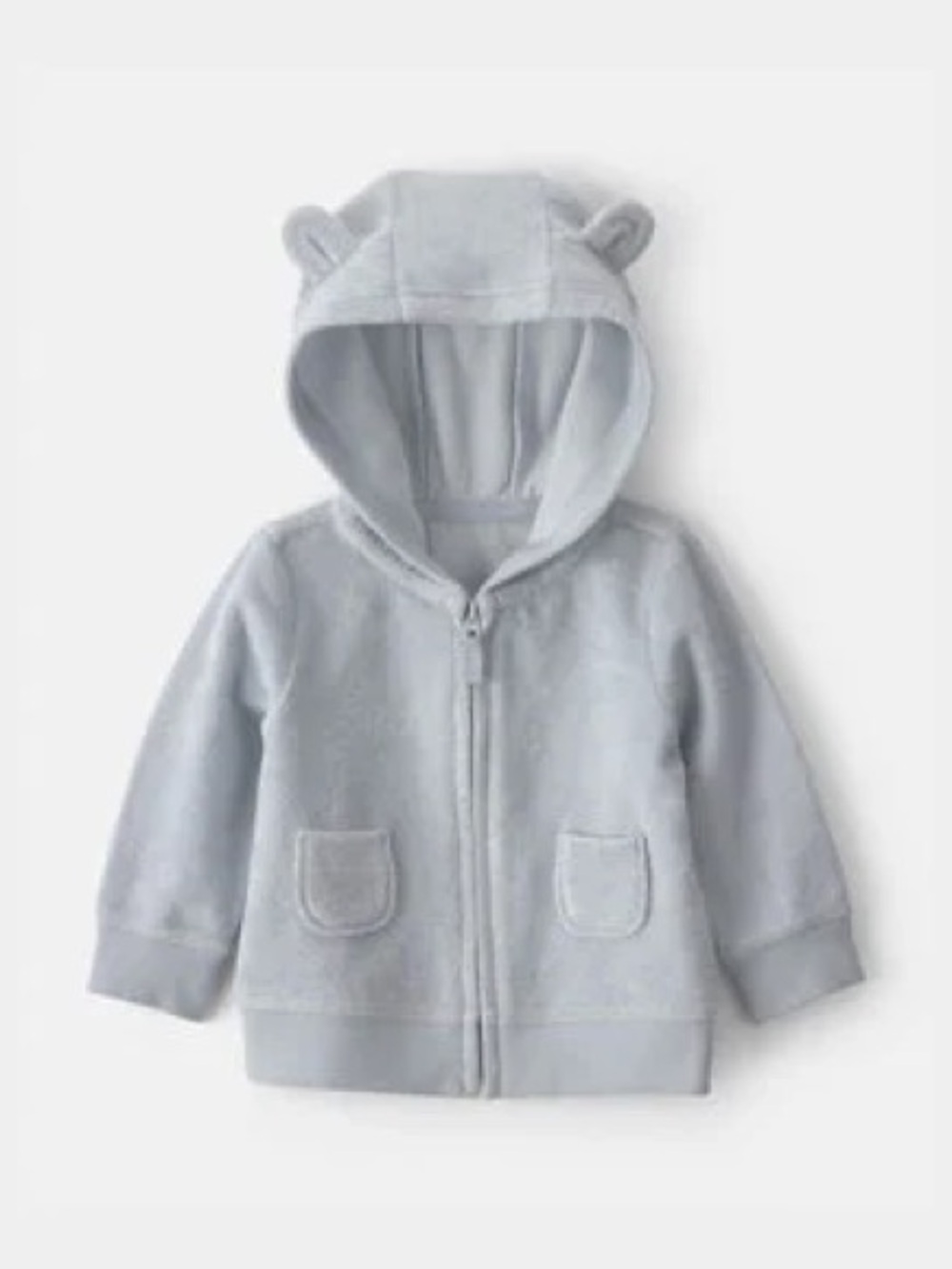 light blue zip-up hooded terry jacket with bear ears on the hood.